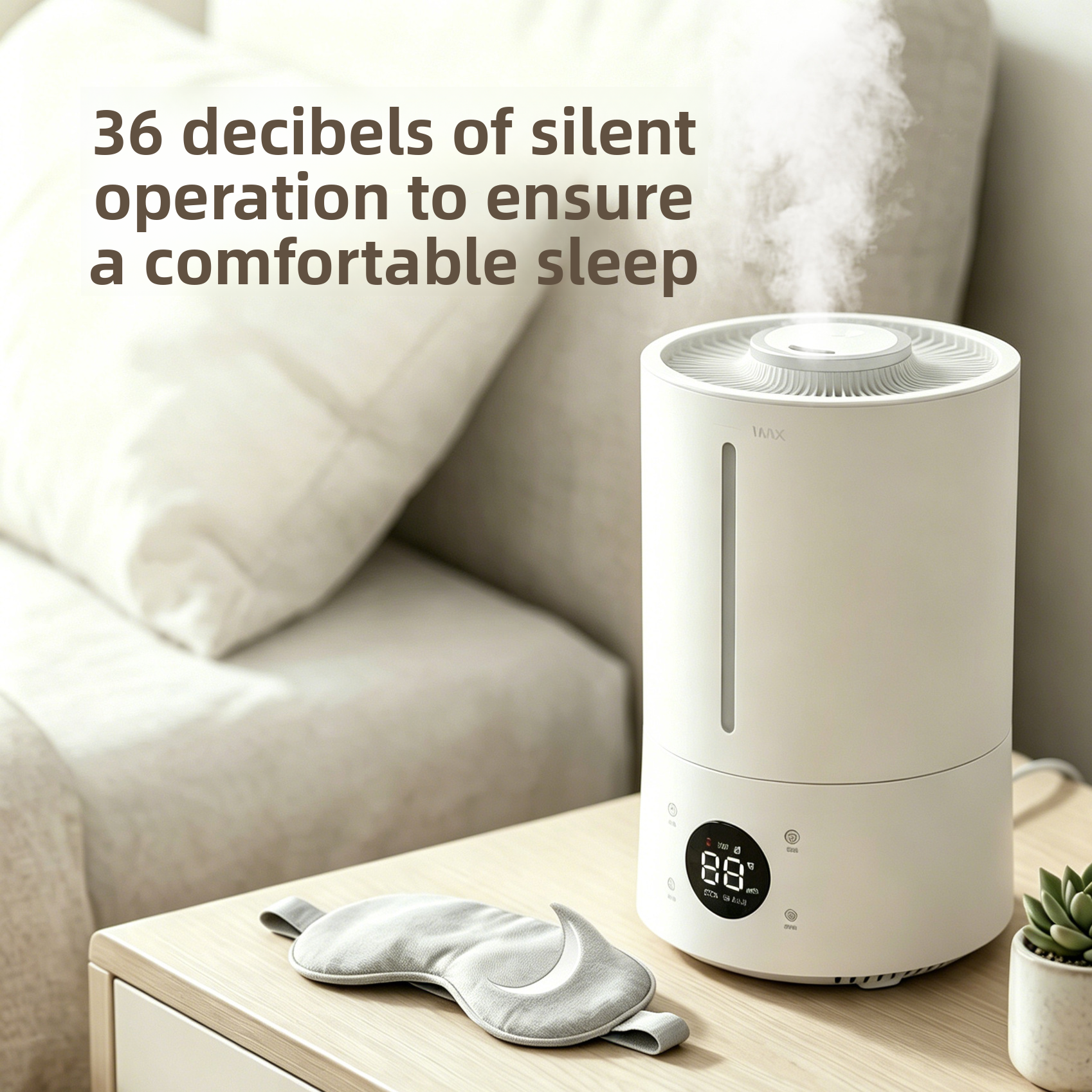 Cool mist humidifier on a nightstand beside a lamp in a bedroom