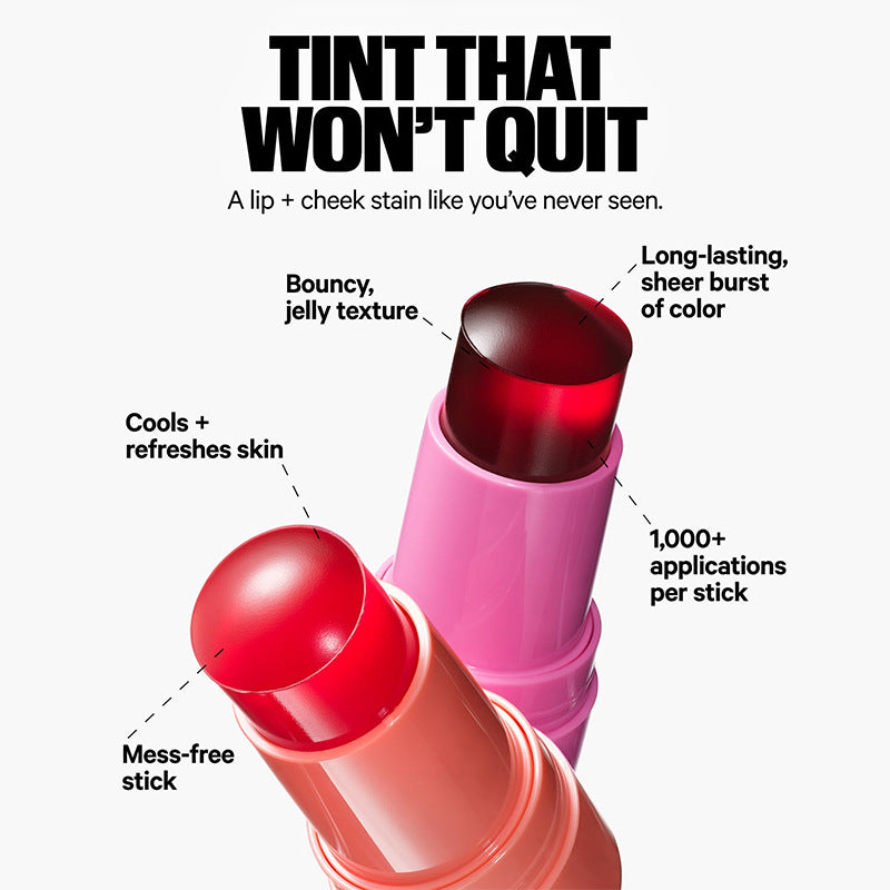 Infographic with two open jelly blush sticks, one peach and one pink, showing the glossy red jelly bullets