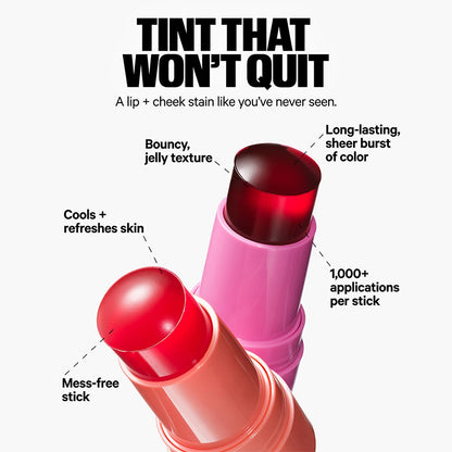 Infographic with two open jelly blush sticks, one peach and one pink, showing the glossy red jelly bullets
