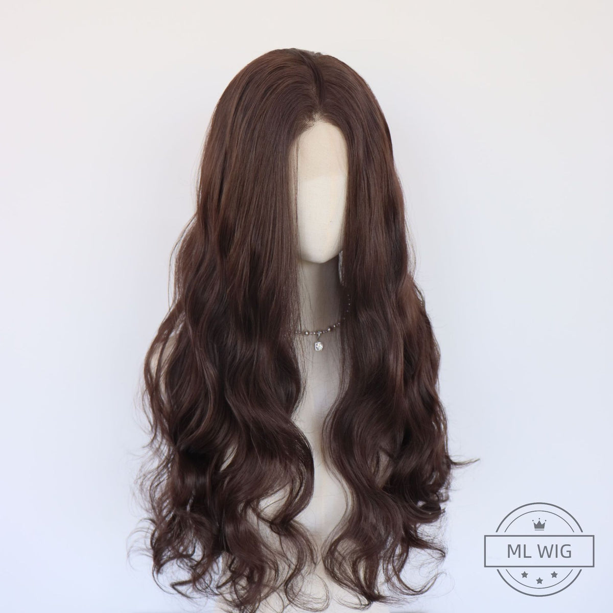 Dark brown long wavy lace front wig on a mannequin, front view with a center part