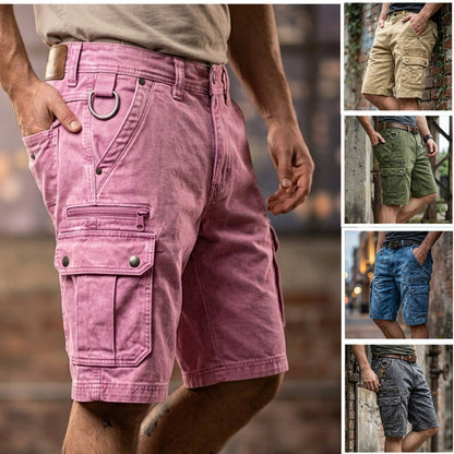 Washed cotton denim mens cargo shorts, detail of the front slanted hand pockets