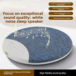 Round Night Blue fabric Bluetooth speaker with white edge buttons, banner text about a white noise sleep speaker