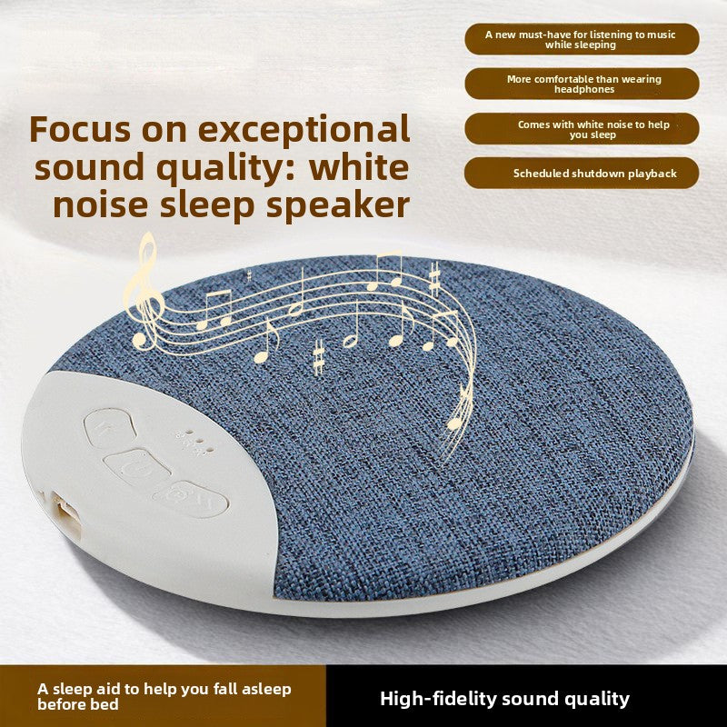 Round Night Blue fabric Bluetooth speaker with white edge buttons, banner text about a white noise sleep speaker