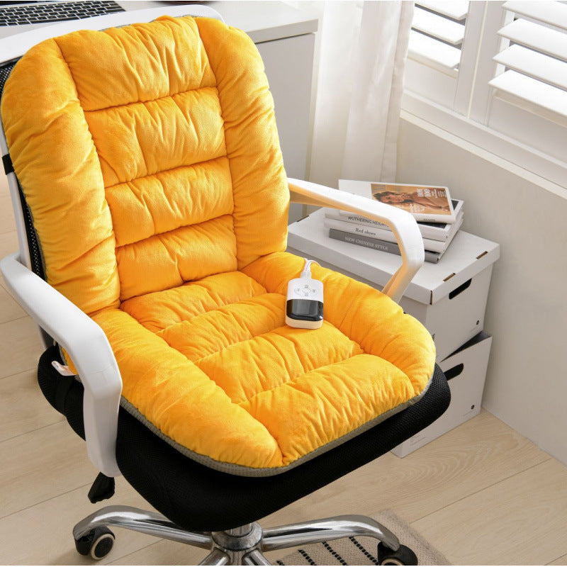 Plush yellow flannel seat and back cushion on a white office chair beside a desk