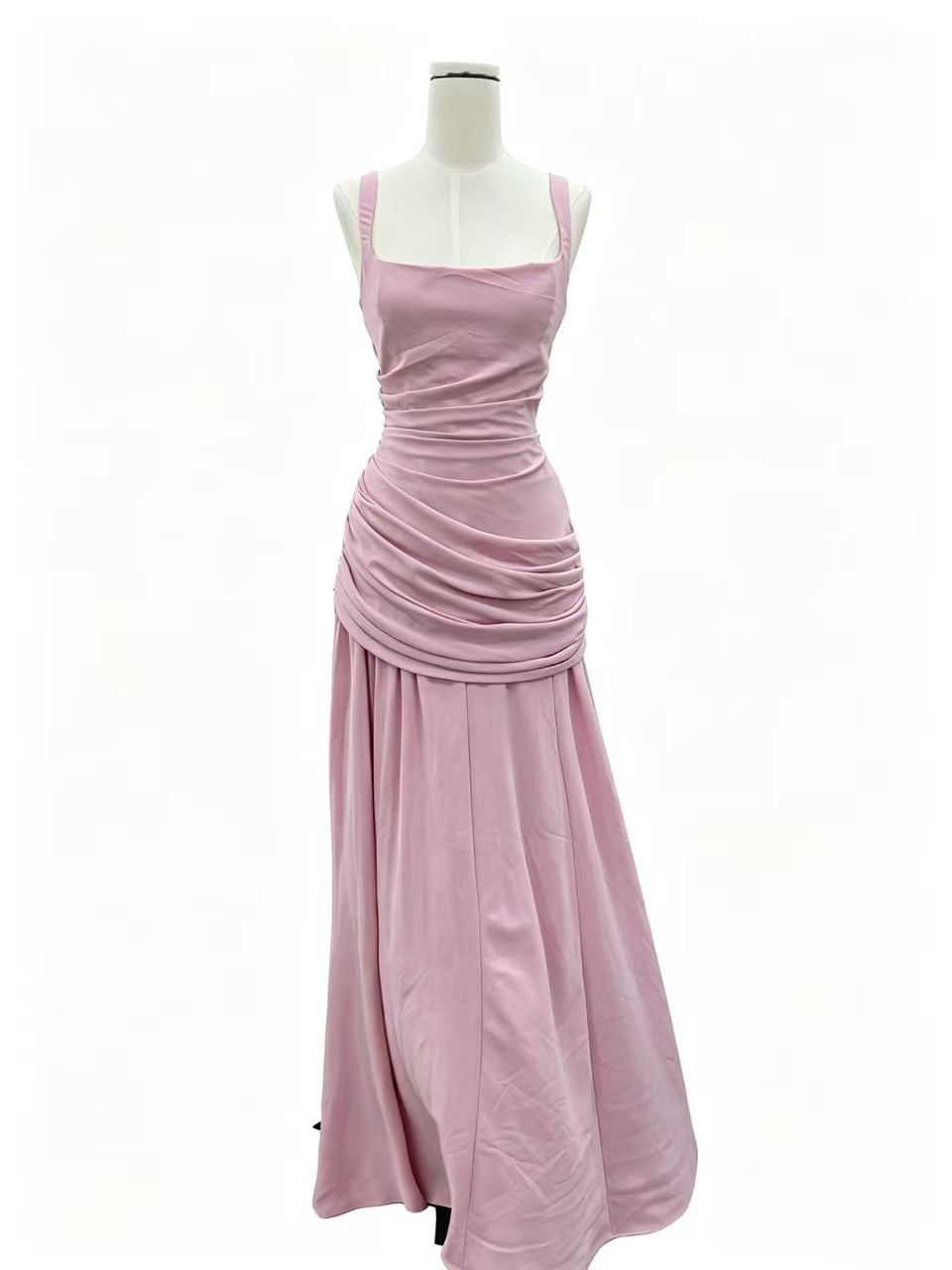 Dusty pink ruched maxi dress with square neck and laced back, Pink option photo