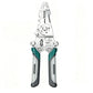 Open folding wire stripper with a green and white handle on a white background