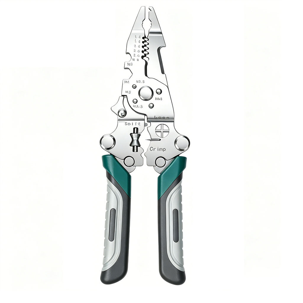 Open folding wire stripper with a green and white handle on a white background
