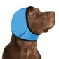 Dog ear cover snood in pink seen from the side on a brown dog