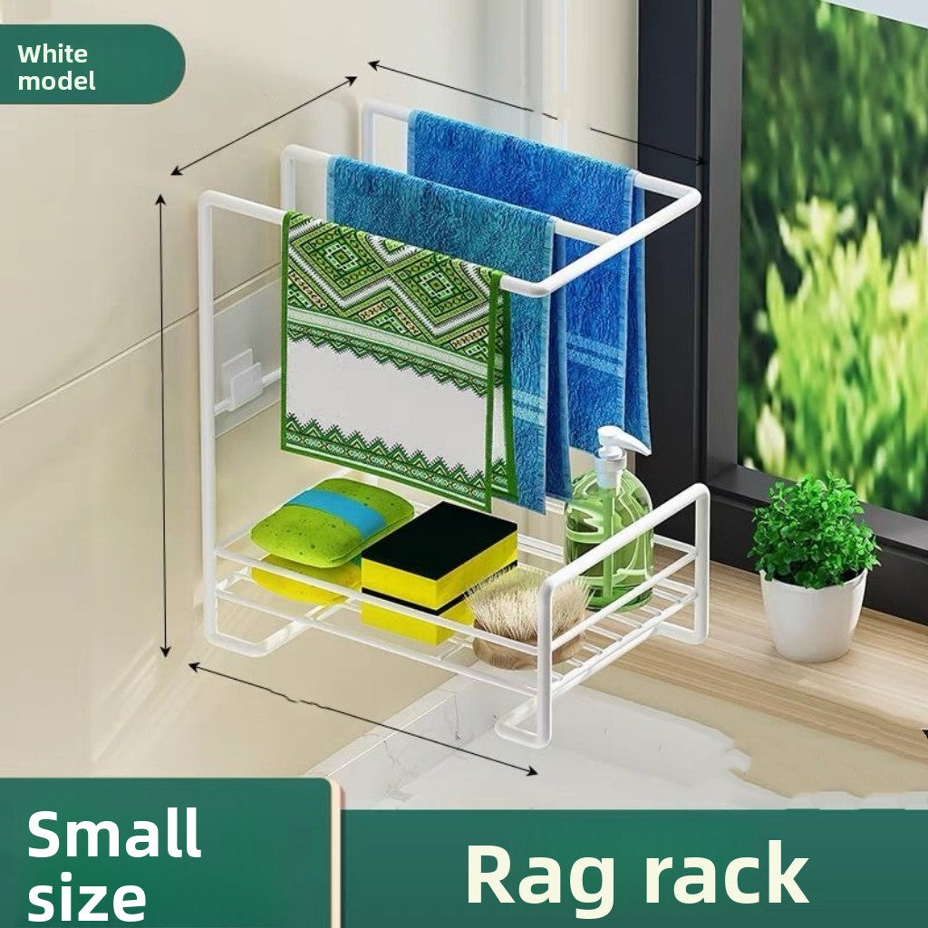 Small white cloth rack with a lower shelf holding sponges and a bottle beside a window, White small size option
