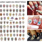 Halloween nail decals shown as a finished manicure with skulls and pumpkins