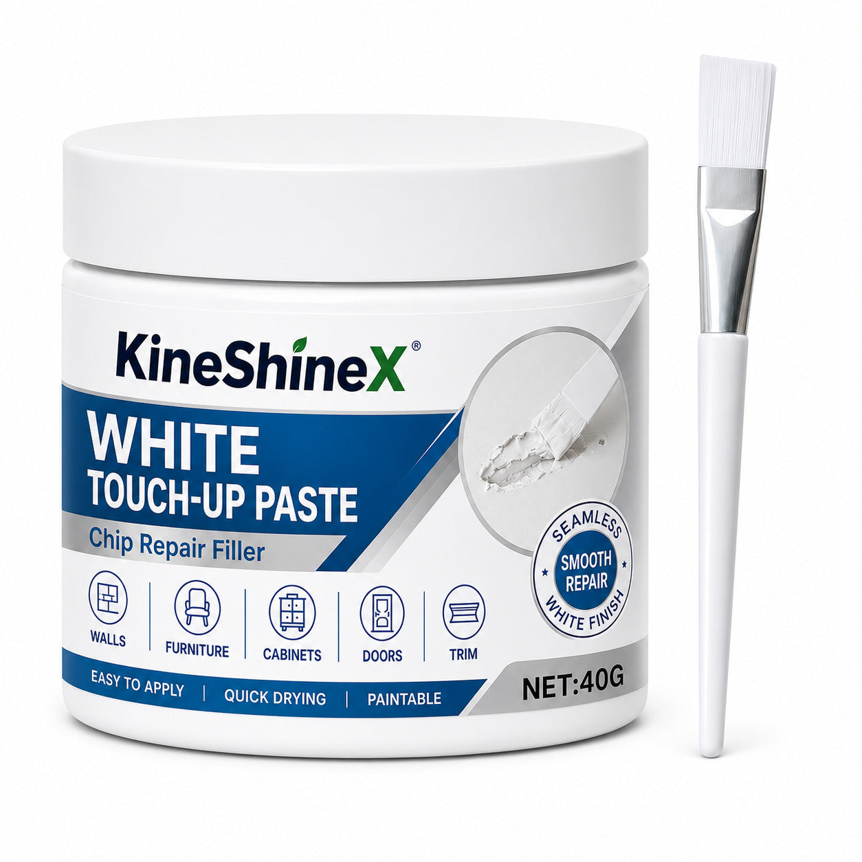 White plastic tub of white touch up repair paste beside a flat white bristle applicator brush