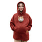Rust red lamb fleece hoodie with a cat looking out of the chest pouch, studio front view, size M option