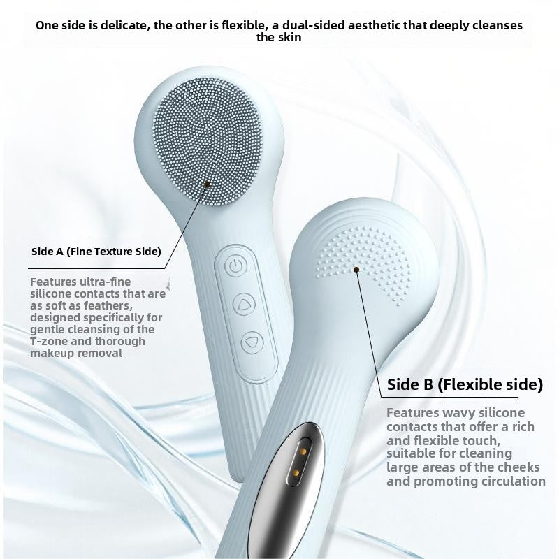 Cleansing brush handle with a power button and two arrows for three vibration gears