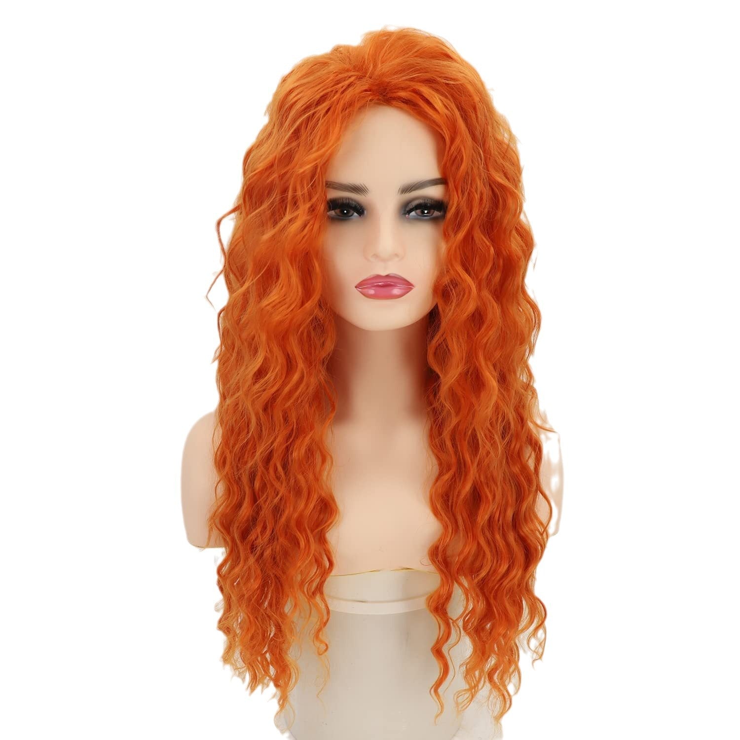 Side angle of long curly synthetic wig showing curl length and volume