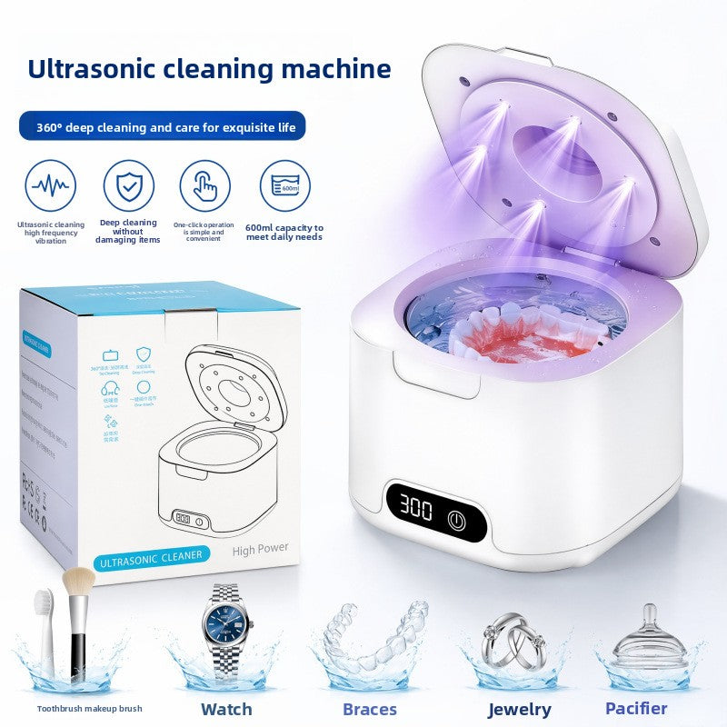 Ultrasonic cleaning machine beside its box with a UV glow and use icons for jewelry and retainers