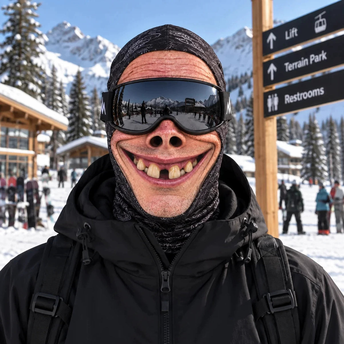 Prank Old Man Mask 1 option: printed big grin face cover with gap teeth, worn with ski goggles