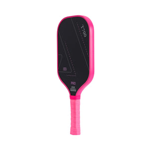 Two black pickleball paddles shown face on to display the rough frosted carbon hitting surface