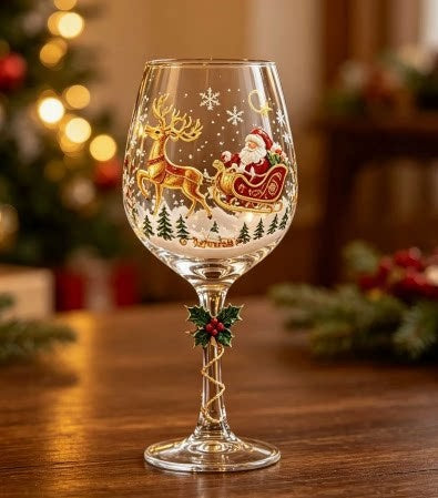 Clear wine goblet with a second painted holiday sled design on the bowl