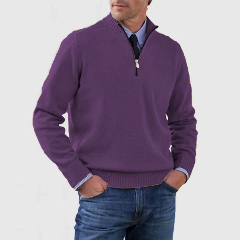Dark purple mens acrylic knit quarter zip stand collar pullover sweater worn by a standing male model