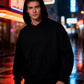 Black hooded sweatshirt product information panel with weight and material details