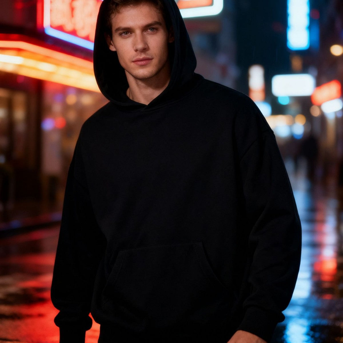Black hooded sweatshirt product information panel with weight and material details