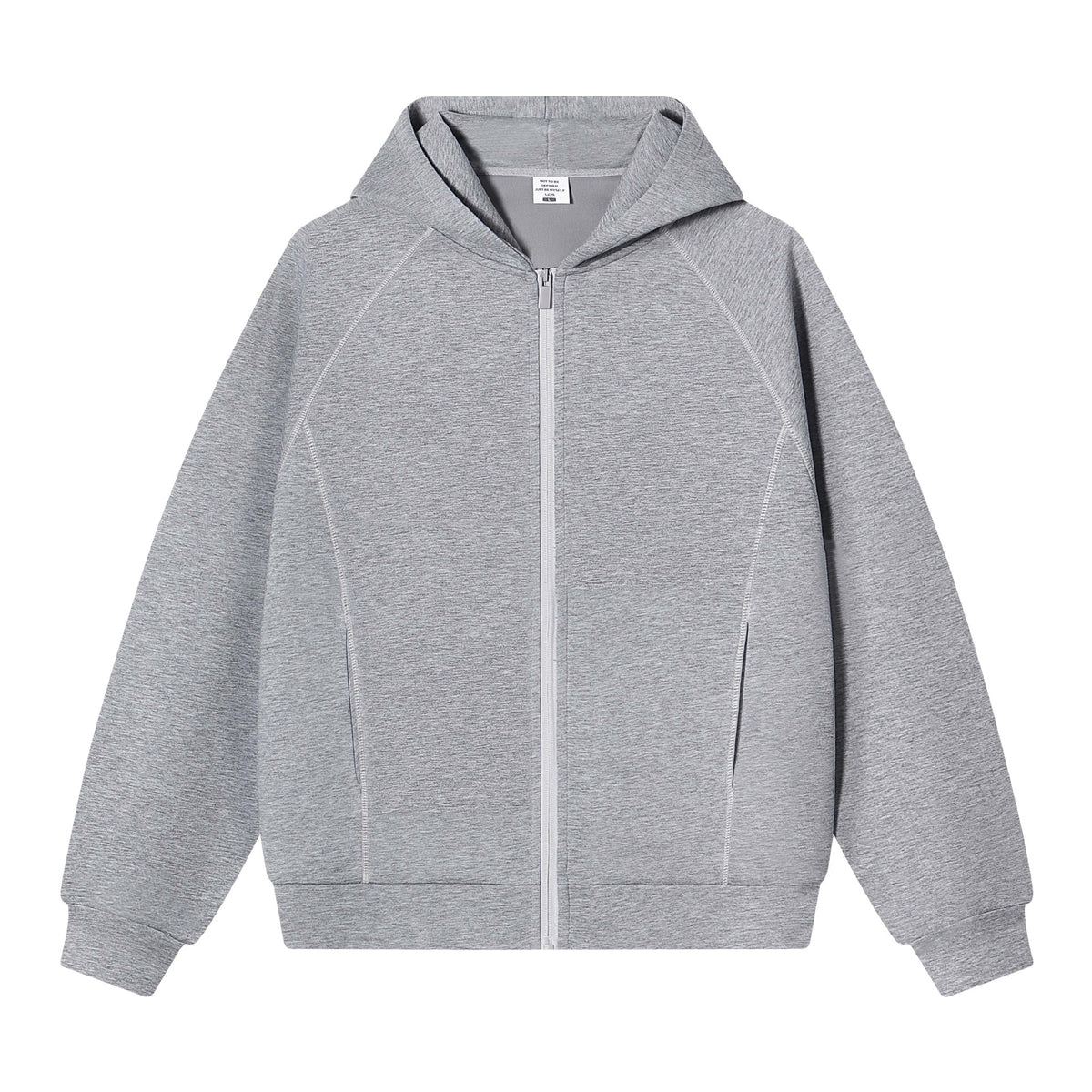 Heather grey zip-up hoodie with light contrast stitching on the raglan seams and ribbed hem, size L option