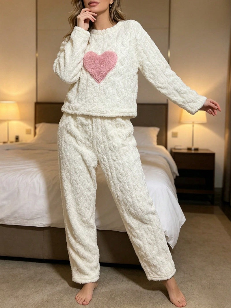 Cream plush fleece pajama set with a pink heart patch and wide leg pants, Cream option, size XL