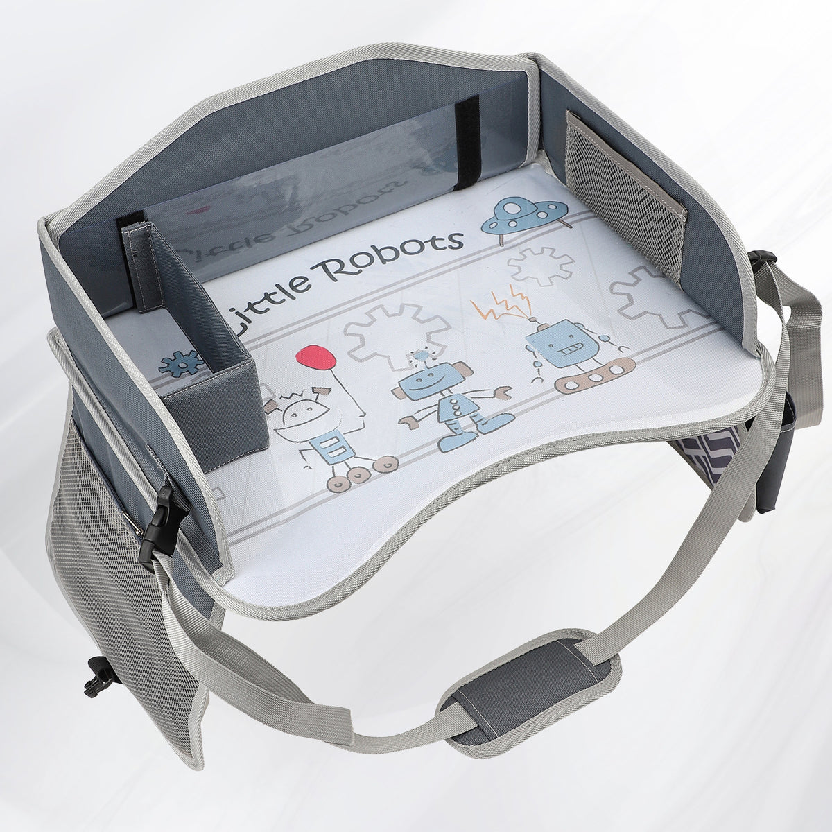 Gray Mini Robot kids travel tray with printed top, divider box, mesh pocket and strap