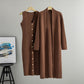 Brown ribbed knit set, a sleeveless V neck button front dress and a long open cardigan on hangers