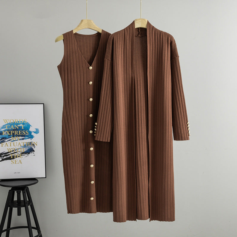 Brown ribbed knit set, a sleeveless V neck button front dress and a long open cardigan on hangers