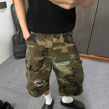 Camo Ripped Patchwork Denim Cargo Shorts, Loose Straight Leg