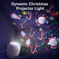 White projector lamp on a table throwing Santa, candy cane and snowflake patterns across a dark room, Christmas theme