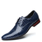 Blue croc embossed PU derby shoe with pointed toe and low heel, three-quarter view on white, EU 40 option