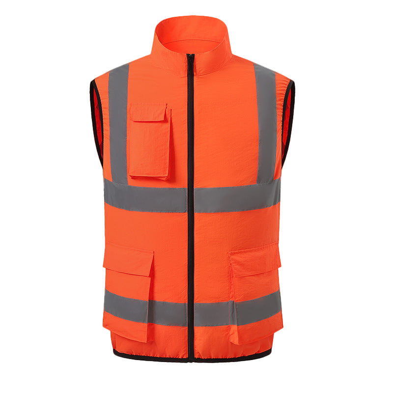 High-visibility orange cooling fan work vest with reflective strips and full front zip, front view