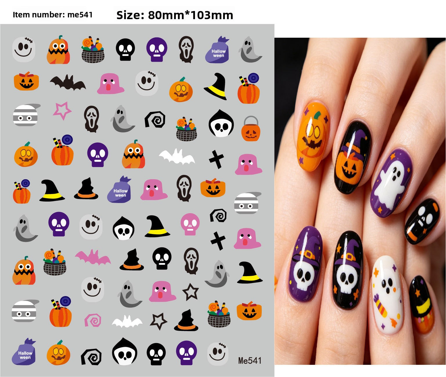 Halloween nail decals shown as a finished manicure with skulls and pumpkins