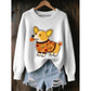 White womens 3D print knit look pullover top with an autumn corgi motif, product photo