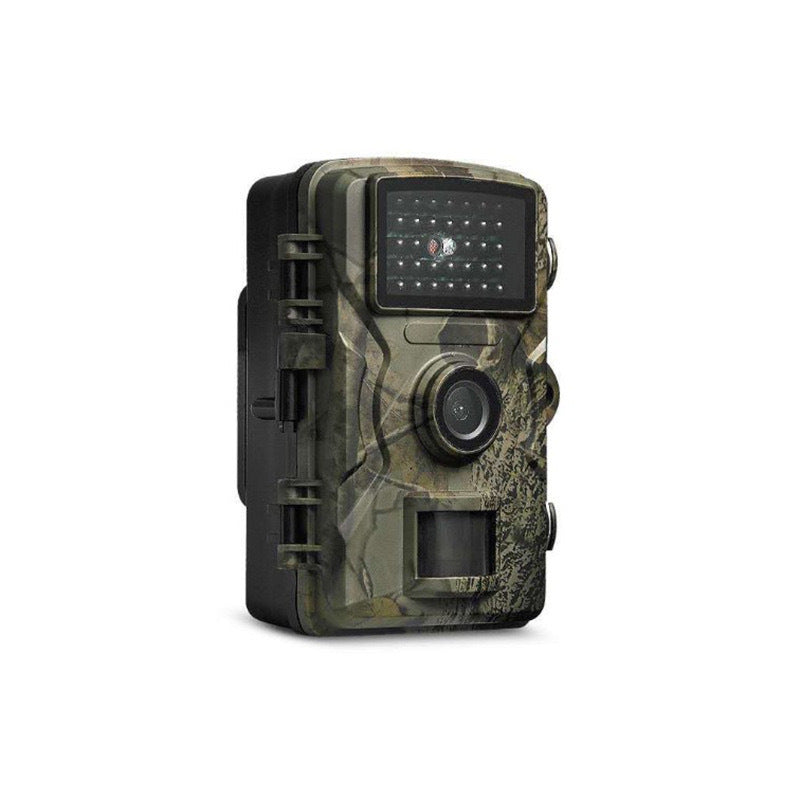 Camouflage weatherproof trail camera angled view showing the IR array and wide lens