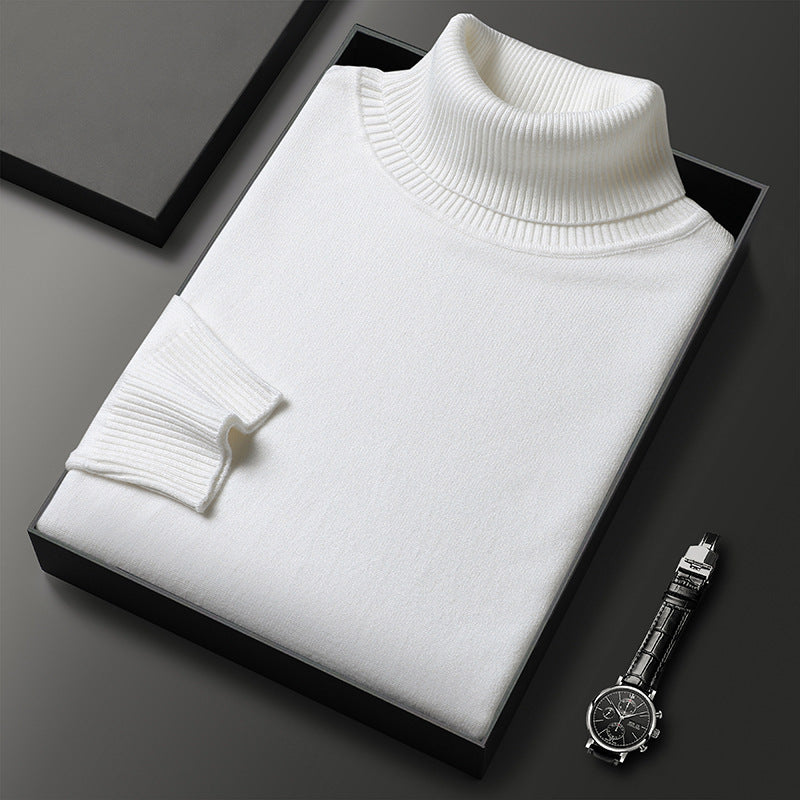 Men's slim-fit turtleneck sweater shown with the roll neck folded
