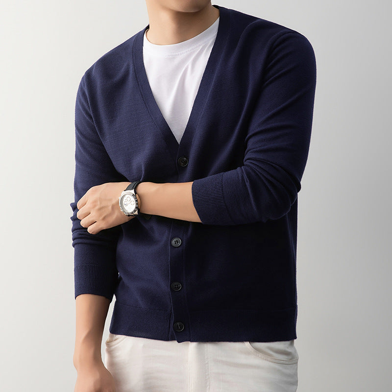 Ribbed cuff detail on the long sleeve of the mens knit cardigan