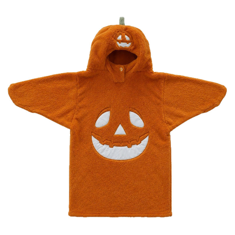 Pumpkin orange coral fleece lounge hoodie for women, dropped sleeves and knee length, on model