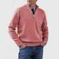 Pink mens acrylic knit quarter zip stand collar pullover sweater worn by a standing male model