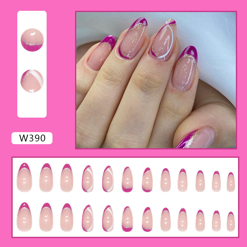 Full cover press-on almond nails in a purple sunset, glossy finish shown on a hand