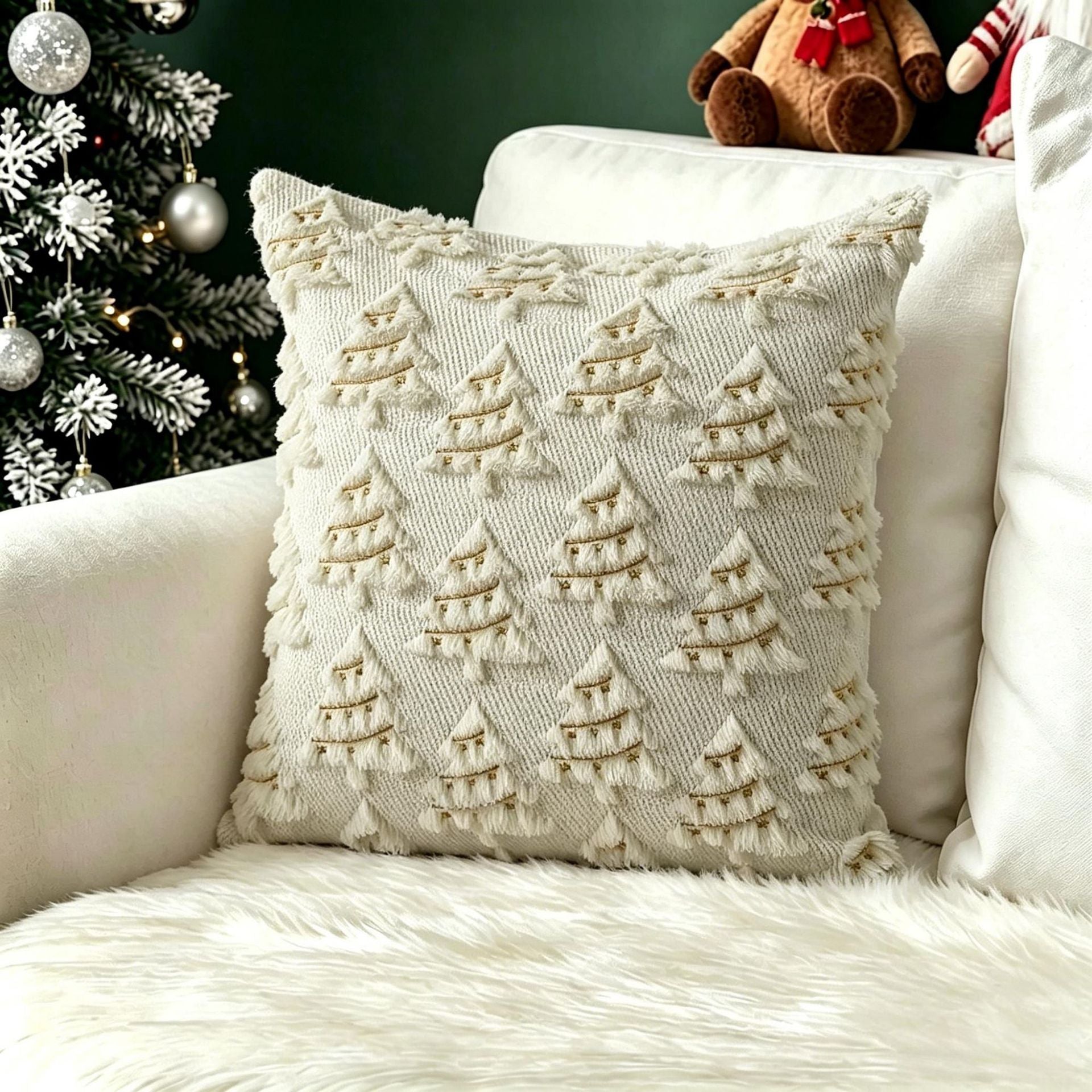 Plush carved cushion cover with red stars raised on a navy plush ground, view 32