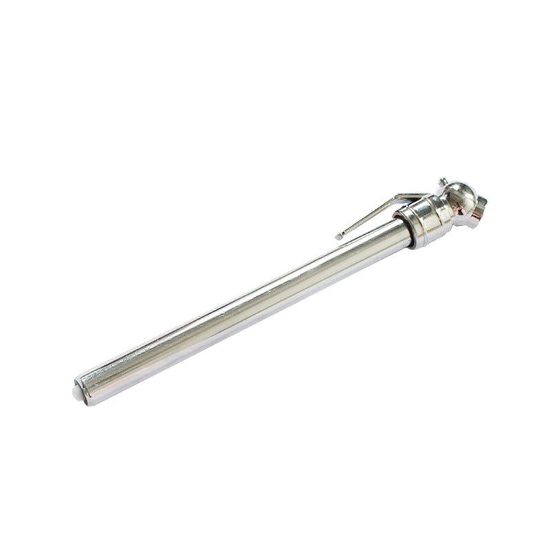 Silver stainless steel pencil tire pressure gauge lying at an angle, chuck head and bleed lever
