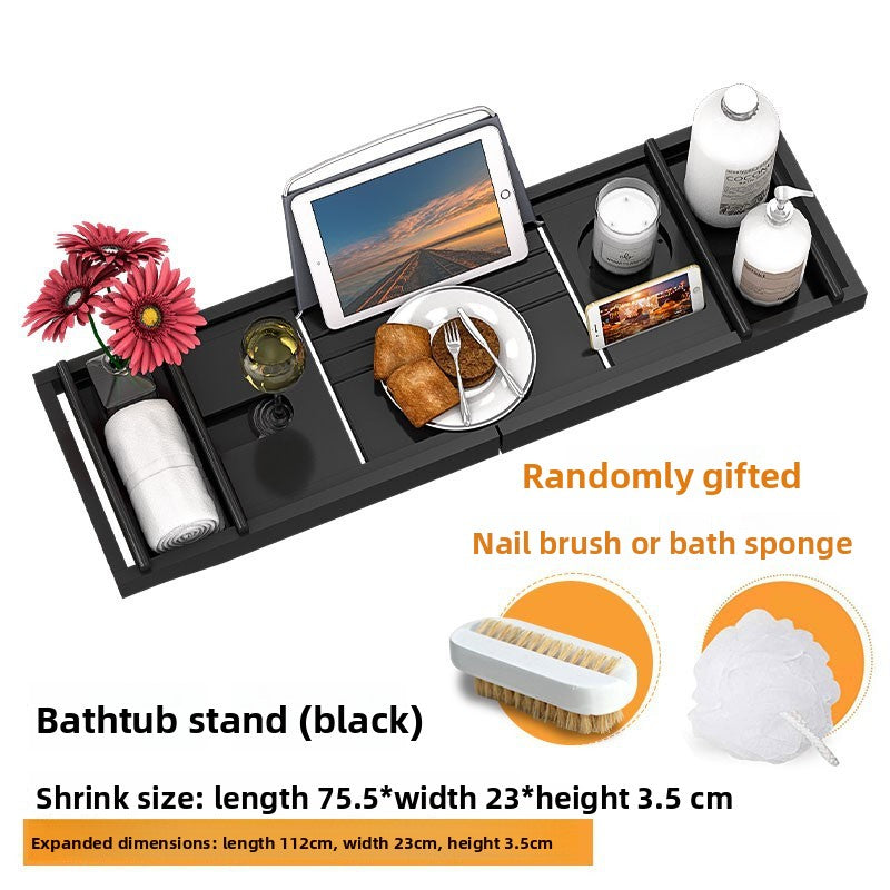 Black bathtub caddy tray with a tablet, bread, a candle, bottles, a towel and red flowers, option Black