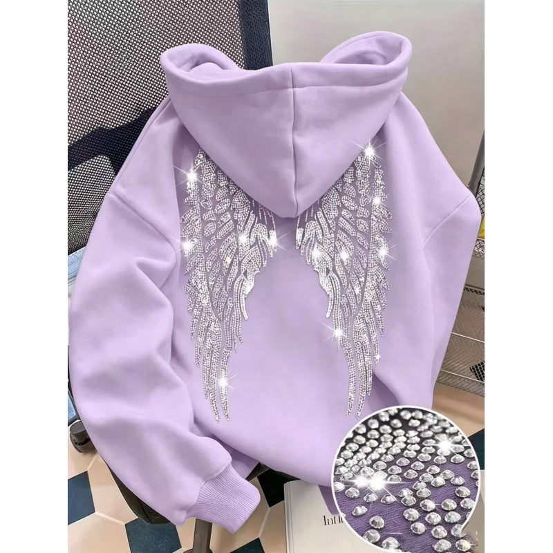 Light Purple pullover hoodie with rhinestone wings on the back and a stone close-up, option photo for Light Purple M