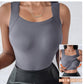 Gray blue seamless nylon square neck tank top, worn view with the built-in bra inset, size S option photo
