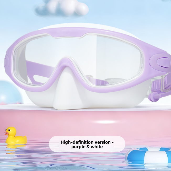 Close view of the wide frame and soft silicone seal of the large frame swim goggles