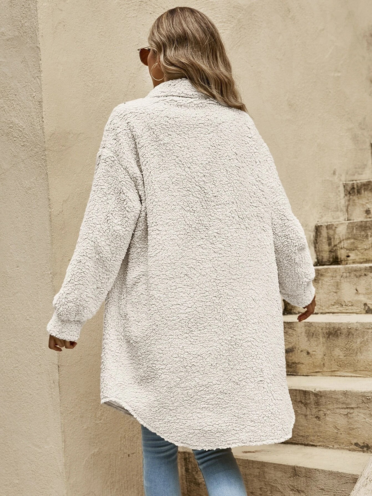 Womens plush fleece button front long coat in milky white, shirt collar detail