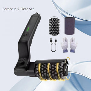 Electric BBQ grill brush set with two rollers, a USB cable and gloves laid out